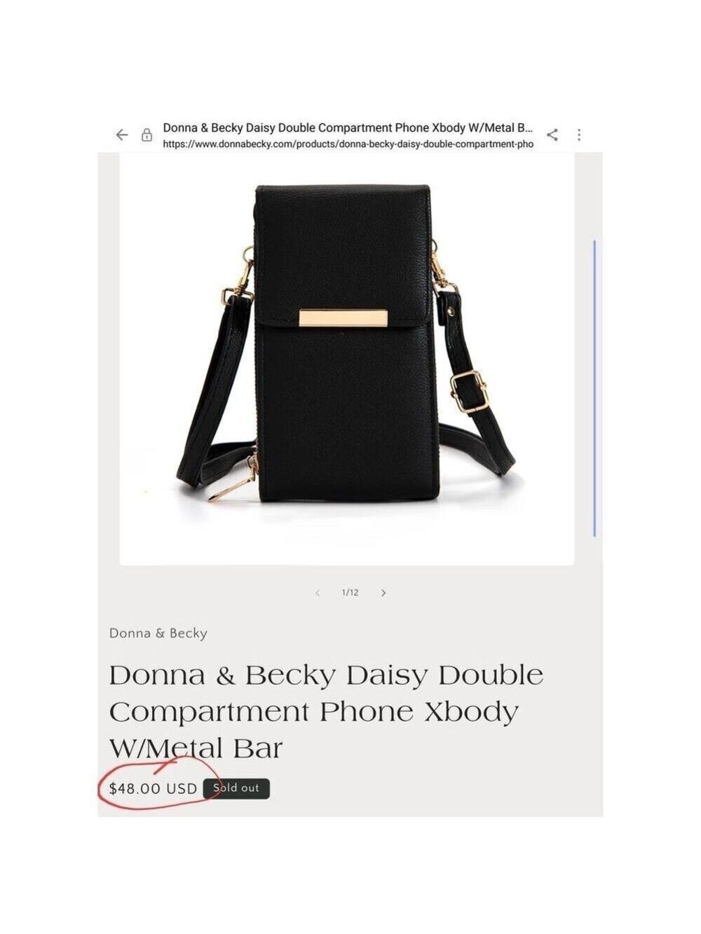 BLACK LEATHER PHONE CROSSBODY BAG DOUBLE COMPARTMENT DONNA & BECKY ELEGANT DAISY - Picture 5 of 5